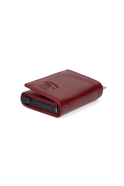Newish Unisex Burgundy Vegan Leather Mechanism Wallet Automatic Cash Money Compartment Slide Card Holder Wallet