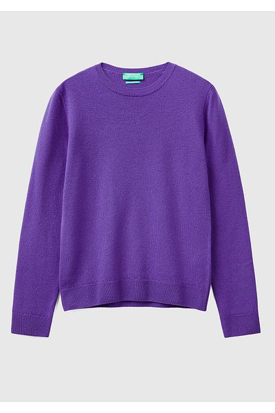 United Colors of Benetton Лилав дамски пуловер от мериносова вълна с кръгло деколте