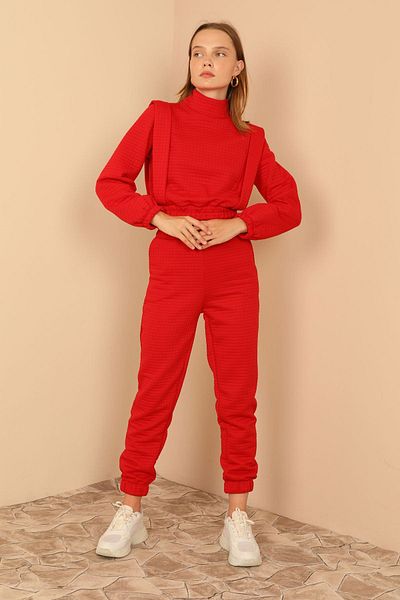 Lukas Quilted Fabric Turtleneck Collar Shoulder Detailed Women's Set-Red