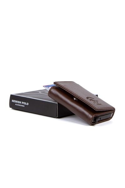 Newish Unisex Brown Vegan Leather Aluminum Mechanism Slide Card Holder Wallet with Paper Coin Compartment