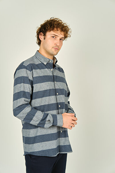 MEGALDİ Megaldi Чоловіча сорочка з довгими рукавами, бавовняна, з блоковим візерунком, 1300, індиго-сіра