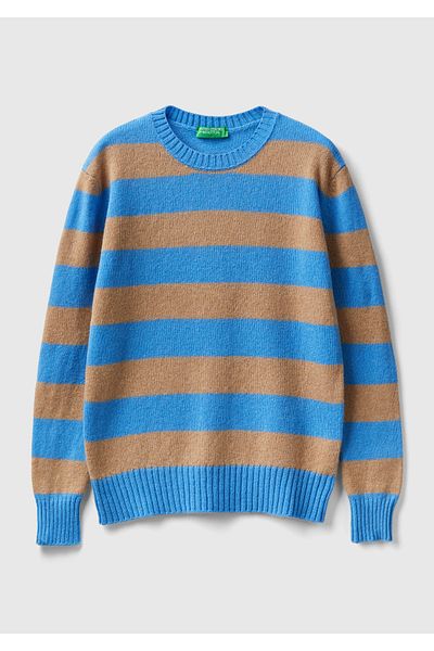 United Colors of Benetton Pulover de damă Shetland cu dungi albastre 100% lână - Aviator