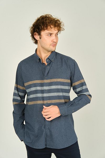 MEGALDİ Мъжка риза с дълъг ръкав Megaldi Slim Fit, тънка, с блокови шарки, 1100, индиго кафява