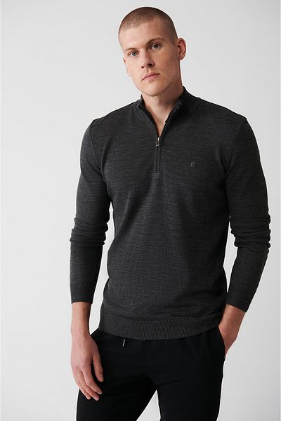 Avva Anthrazitfarbener Herren-Strickpullover mit Reißverschluss und Stehkragen 005005