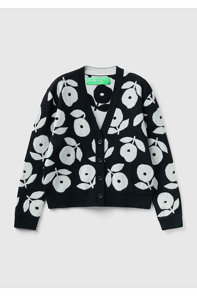 United Colors of Benetton Cardigan de damă din amestec de lână cu imprimeu floral negru