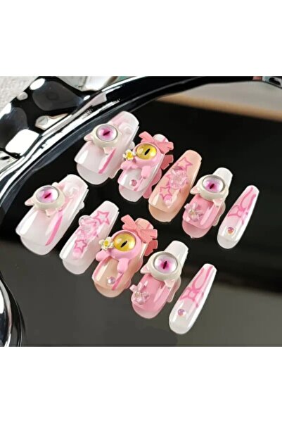 PİRAYE AKSESUAR By Maya Beauty & Nail 10'lu Pembe Kedi Gözlü Charmlı Orta Bal...