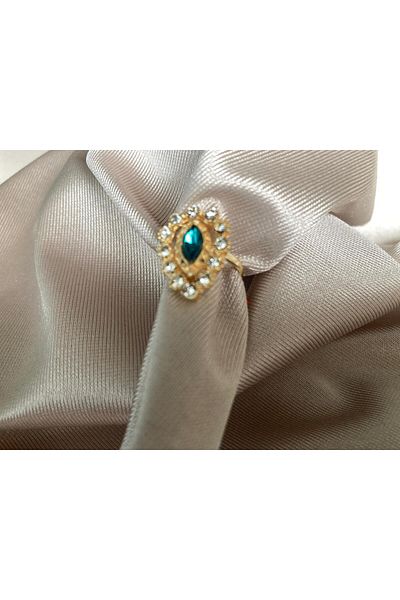 Pervin Ablacım Gold Adjustable Ring with Crystal Stones Around with Turquoise Drop Stones in the Middle