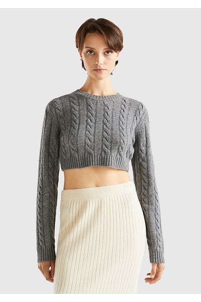 United Colors of Benetton Antracit Melange Wool Blend - Pulover de damă cu împletitură de păr