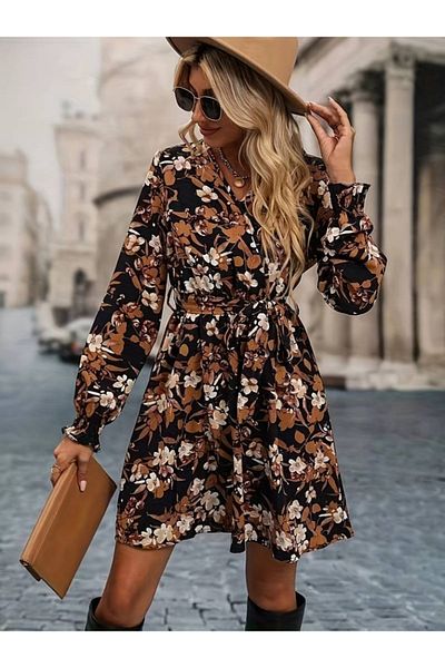 İpeksi Silky Women's Long Sleeve Double Breasted Collar Floral Print Diver Dress