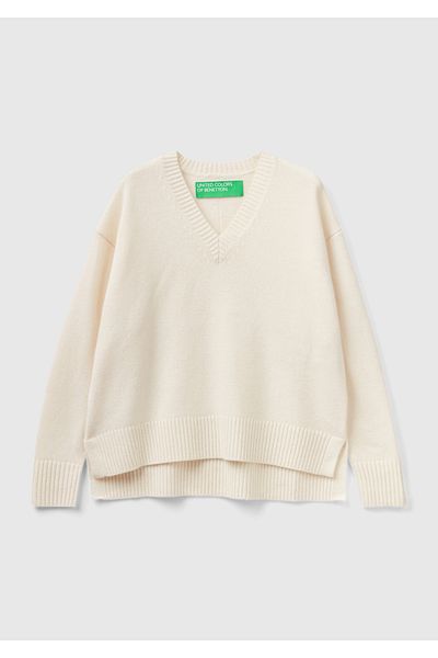 United Colors of Benetton Pulover drapat cu decolteu în V, amestecat de lână vanilie, cu fante laterale