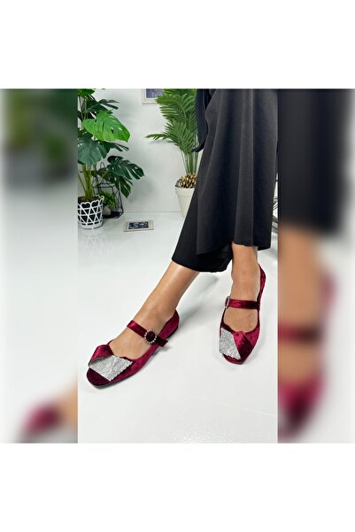 Nstil Бордові оксамитові жіночі туфлі з камінням - одна ремінця, пряжка, овал...