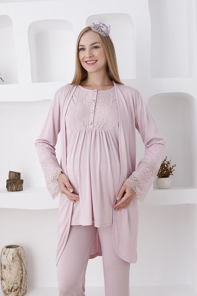 ERDENİZ TEKSTİL Nursing Pajama Set - Button down Sleepwear & Robe with Dressing Gown & Crown