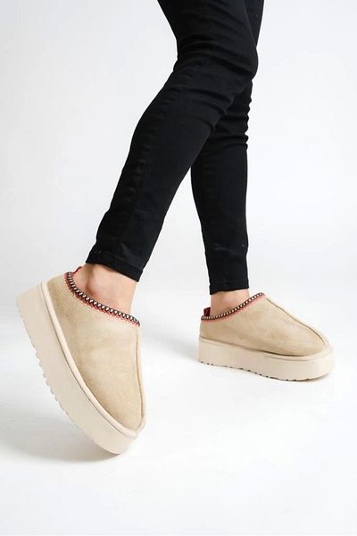 TOLİA Tazz Beige Suede Ankle Boots with Furry Inside Flat Sole Women's Shoes