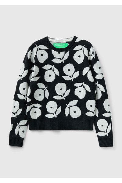 United Colors of Benetton Pulover de damă cu model floral în amestec de lână neagră