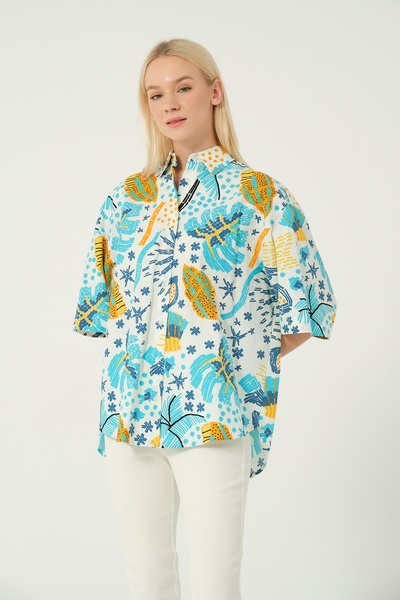 eva clothing قميص نسائي منقوش كبير الحجم بطيات 1234698 إيفا-1