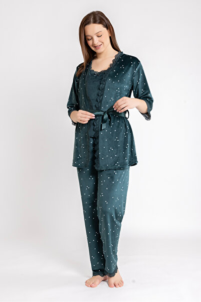 Ecrou Kadın Zümrüt Kalp Kadife İp Askı Sabahlık Pantolon 3 Lü Pijama Takım