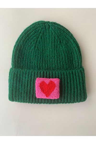 byebruketenci Luxury Green Wool Kids-Youth Beret - Pink Heart Punch Detailed