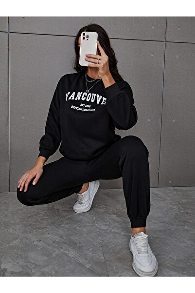 Mythologie Women's Black Vancouver Bottom Top Tracksuit Set Oversize Crew Neck