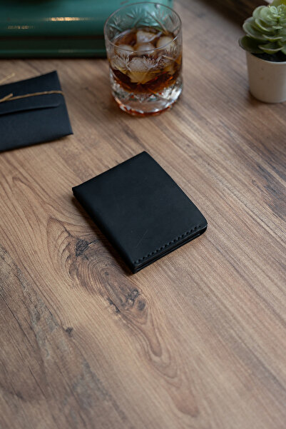 minimal X design Black Minimalist Wallet - Crazy Real Leather Handmade