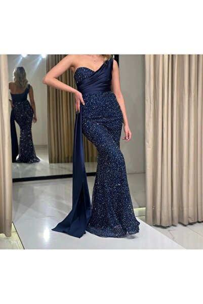 MODA LACİVERT SİMLİ TAŞLARDAN OLUŞAN BÜYÜK BEDEN ABİYE