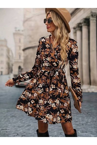 İpeksi Silky Women's Long Sleeve Double Breasted Collar Floral Print Diver Dress