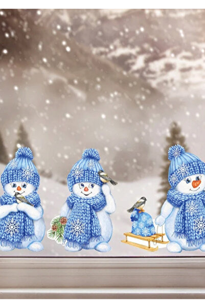 WALLHUMAN Yılbaşı-Mavi Kardan Adamlar Çocuk Bebek Odası Sticker Seti , Yılbaş...