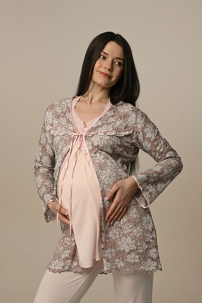 Marilyn Club Maternity-Maternity Cotton Pajamas Set with Floral Lace Dressing Gown Set of 3