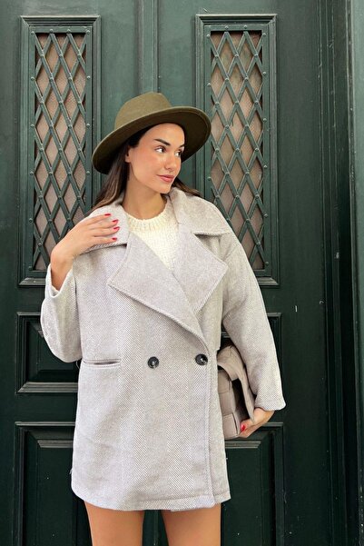 Mossta Γκρι παλτό με διπλό γιακά με σχέδιο ψαροκόκαλου και τσέπες