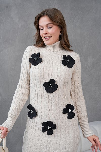 Miss Allos Rochie de damă din față cu flori și pietre brodate cu gât țesut împletit cu lungime midi