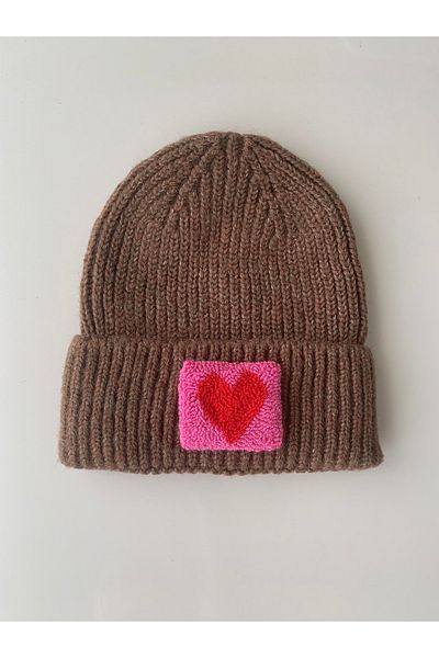 byebruketenci Luxury Brown Wool Kids-Youth Beret - Pink Heart Punch Detailed