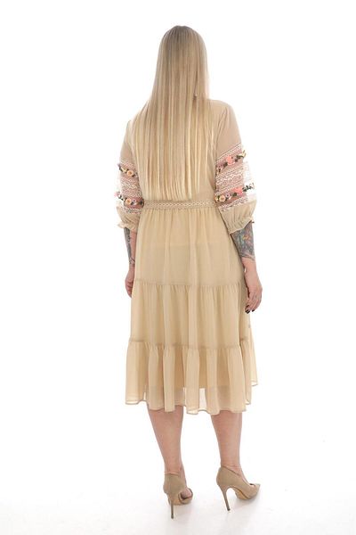 etselements Beige Midi Length Evening Dress - 5037 Model in Floral Embroidered Chiffon Style