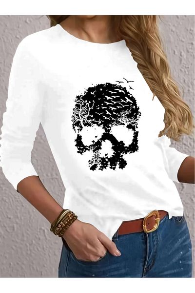 JANES Women's Long Sleeve Crew Neck Skull Print Viscose Blouse