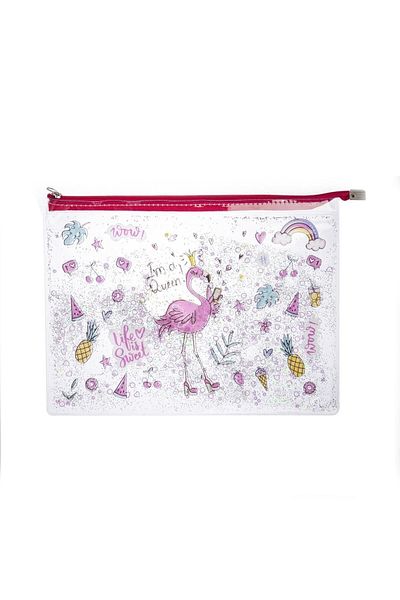 VUKİ Clear A4 File with Flamingo Glitter and Watery Zipper