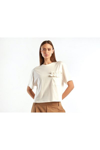 United Colors of Benetton Women's Cream Ruffle 100% Cotton T-shirt