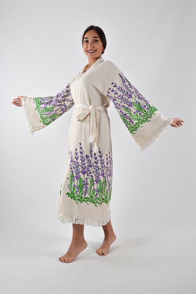 REİNA TEKS 1 Piece Unisex Muslin Kimono Caftan - Printed and Belted Cotton Peshtemal Bathrobe