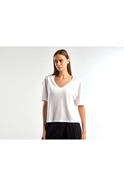 United Colors of Benetton Tricou alb pentru femei, 100% bumbac, cu decolteu î...