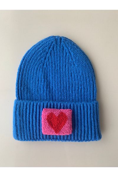 byebruketenci Luxury Blue Wool Kids-Youth Beret - Pink Heart Punch Detailed