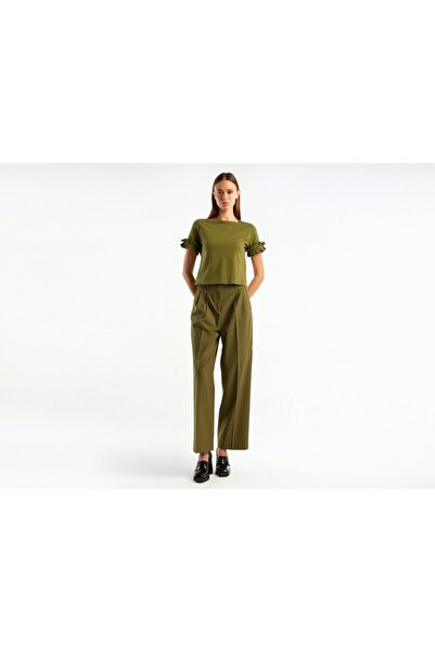 United Colors of Benetton Γυναικείο μπλουζάκι Olive Green Frilly Sleeves 100% Koton