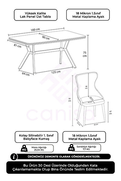 Canisa Esla Serisi 90x160 Lak Panel Sonata Gold Kaplama Ayaklı Masa Takımı ve 6 Siyah Sandalye