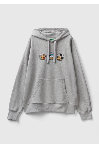 United Colors of Benetton Disney Patterned Unisex Gray Melange Hooded Sweatshirt