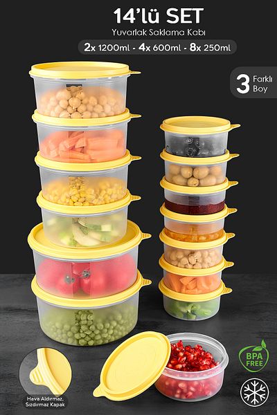 Meleni Home Set of 14 Yellow Round Food Storage - 8X250 4X600 2X1200Ml Food Container