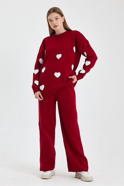 charme butik Women's Heart Embroidery Detail Knitwear Sweater-Pants Double Set