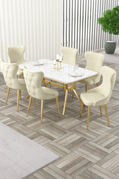 Canisa Esla Serisi 90x160 Lak Panel Beyaz Mermer Desen Gold Kaplama Ayaklı Masa Takımı ve 6 Krem Sandalye