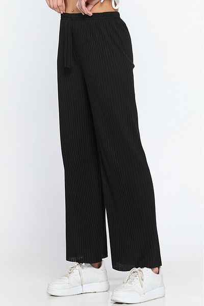 GÜLSELİ Black Ribbed Wide Leg Trousers