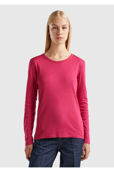 United Colors of Benetton Tricou de bază cu mânecă lungă, fucsia închisă, pen...