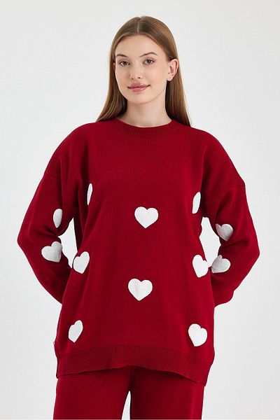 charme butik Women's Heart Embroidery Detail Knitwear Sweater-Pants Double Set