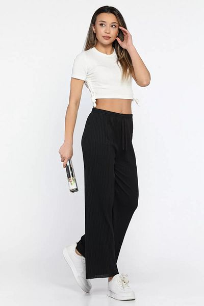 GÜLSELİ Black Ribbed Wide Leg Trousers
