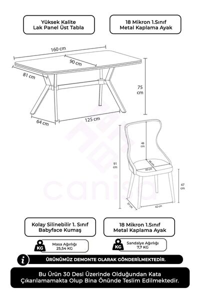 Canisa Esla Serisi 90x160 Lak Panel Beyaz Mermer Desen Gold Kaplama Ayaklı Masa Takımı ve 6 Krem Sandalye