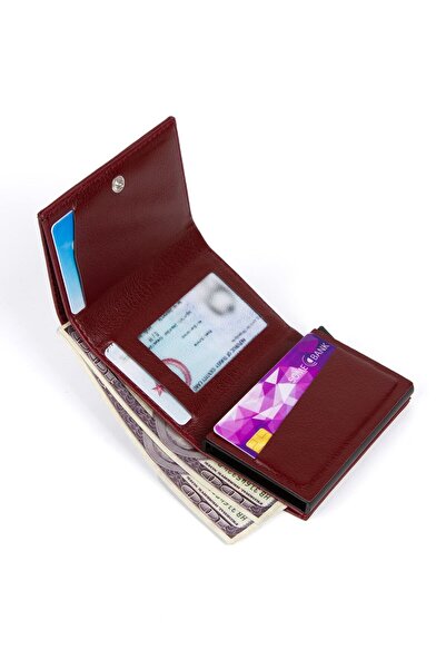 Newish Men's Leather Aluminum Mechanism Sliding Card Holder - Wallet Claret Red (GIFT KEYRING) (7X10X2 CM)