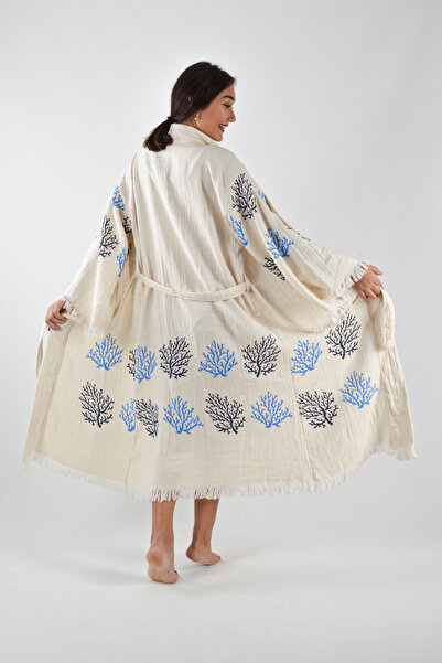 REİNA TEKS 1 частина унісекс мусліновий кафтан-кімоно з мусліну - бавовняний халат з принтом і поясом пештемал